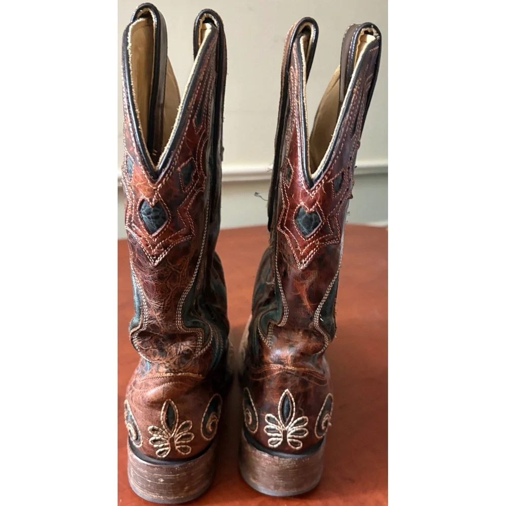 Corral Vintage Brown Teal Embroidered Leather Cowboy Boots Square Toe 6.5M 97303
